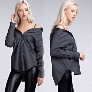 Honey Punch Charcoal Pinstripe Off-Shoulder Button-Down Shirt